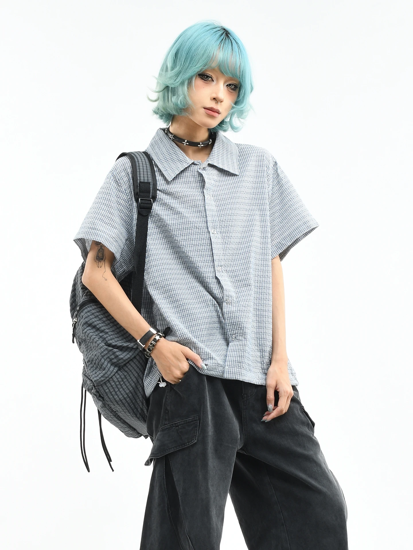 

OV Original American Plaid Texture Drawstring Short Sleeve Casual Shirt Women Loose Short Style Men Trendy Summer Cotton Blend