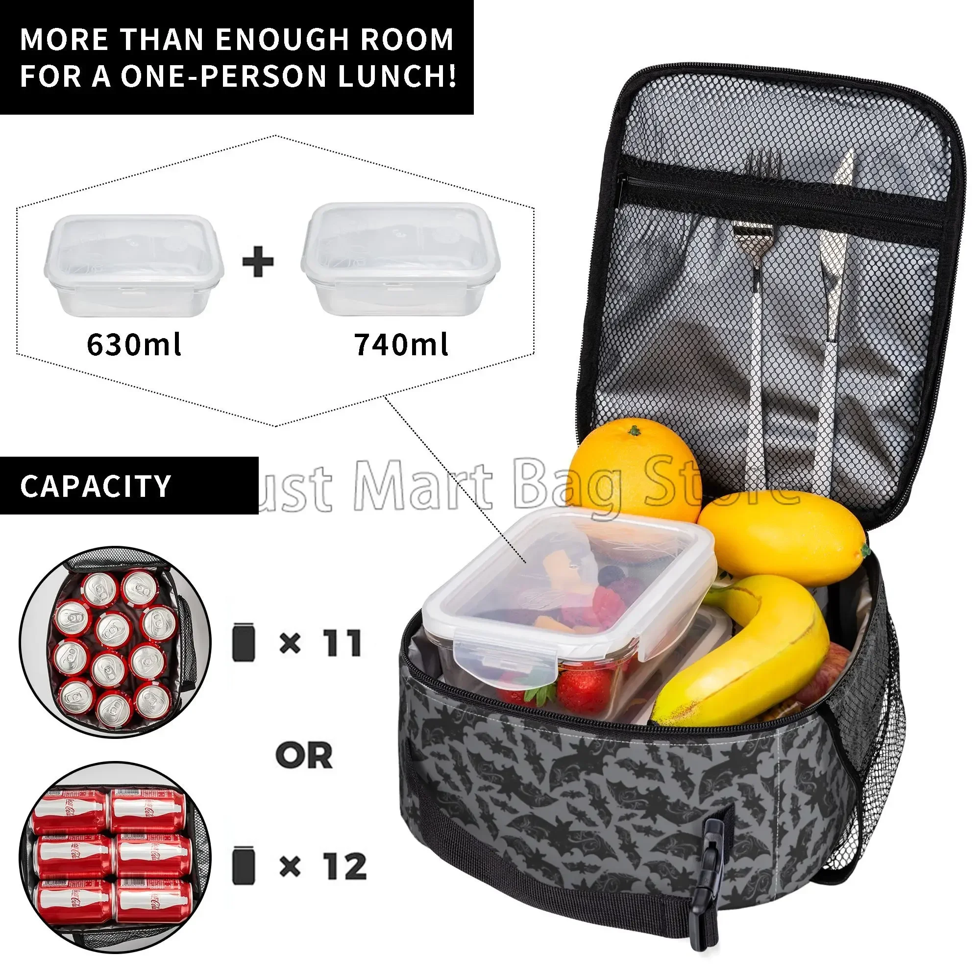 Goth Halloween Bats Insulated Lunch Bag Unisex Reusable Portable Waterproof Lunch Box Cooler Thermal Oxford Bento Tote Bags