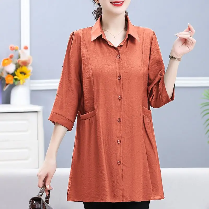 Casual Solid Color Midi Shirt Commute Single-breasted Fashion Turn-down Collar Summer 3/4 Sleeve Female Clothing Pockets Blouse