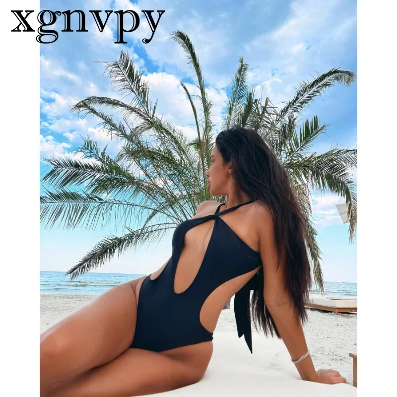 xgnvpy New Europe and the United States sexy pure color with one-piece swimsuit female hollow-back swimsuit