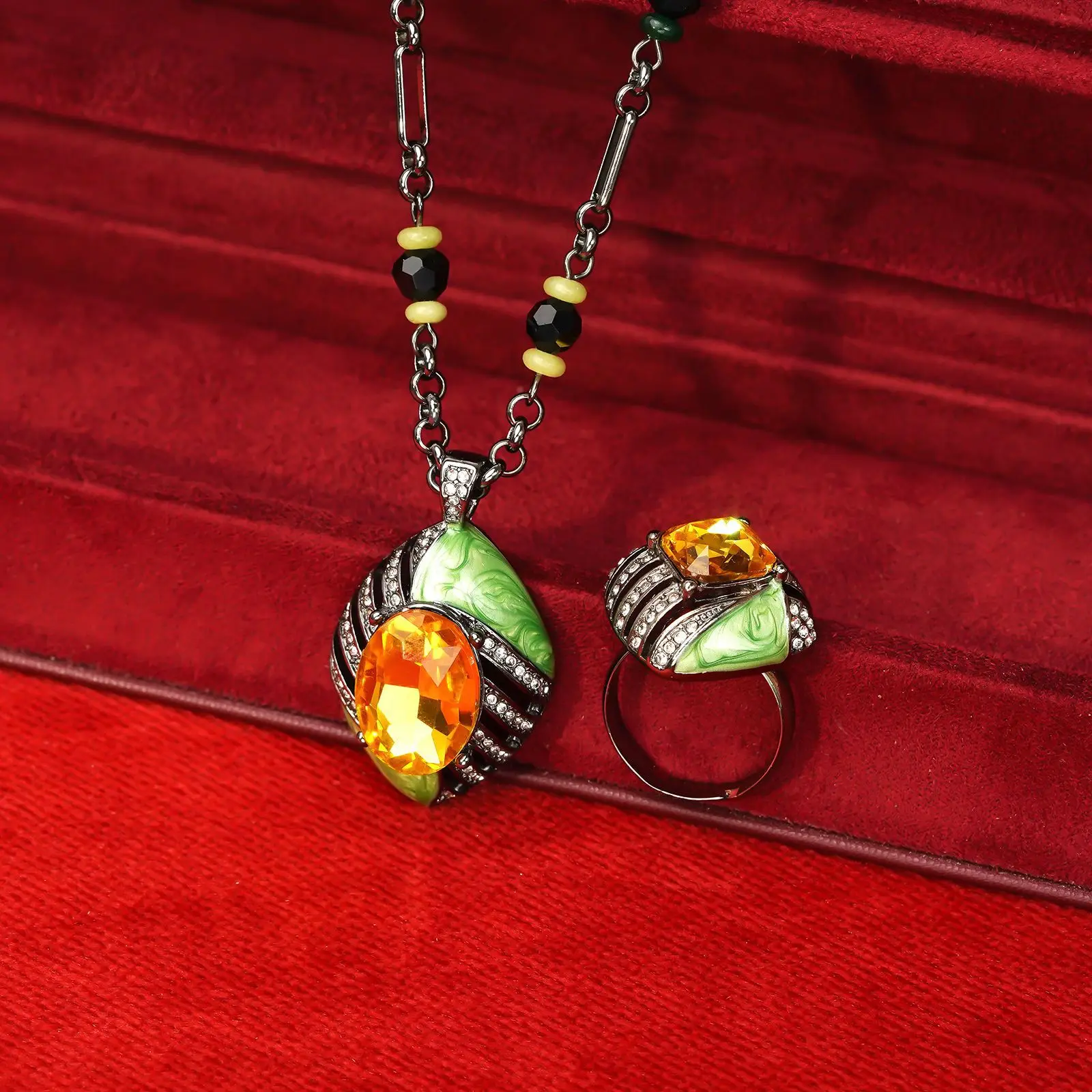 

Yellow Zircon Glass Peacock Green Rhombus Drop Earrings Necklace Ring Sets for Women Vintage Geometry-set Elegant Jewelry Set