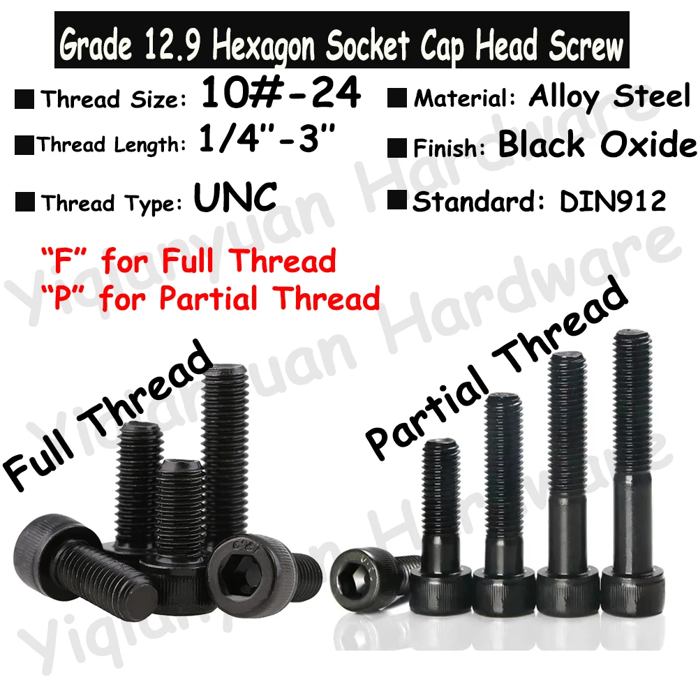 Yiqianyuan 10#-24 UNC Thread DIN912 Grade 12.9 Alloy Steel Hexagon Socket Knurled Cap Head Bolts Allen Key Screw Black Oxide
