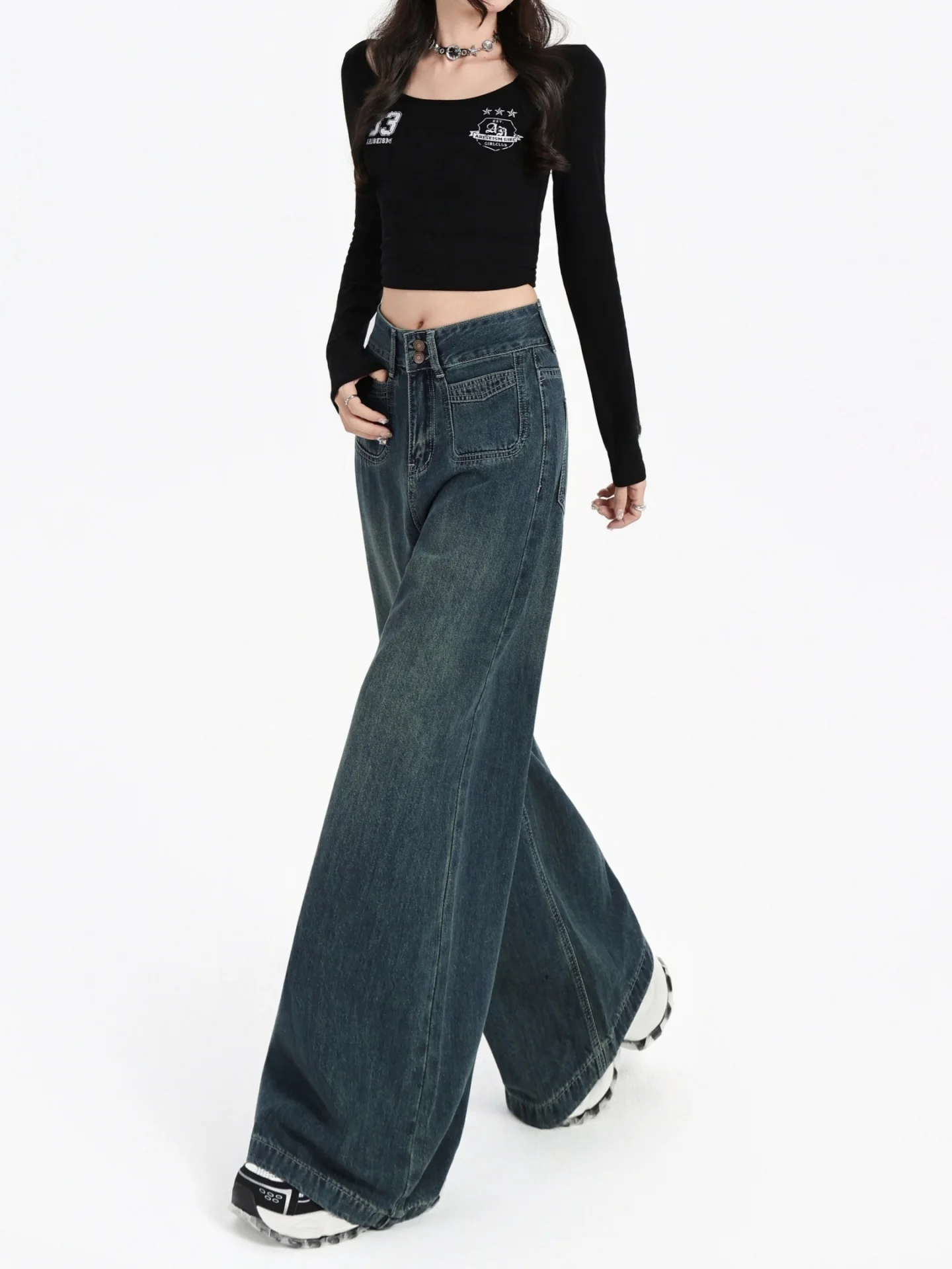 حجم كبير الجينز الأمريكي الرجعية النساء عالية الخصر فضفاضة مستقيم الساق الطابق طول السراويل مريحة تنفس لباس غير رسمي #5