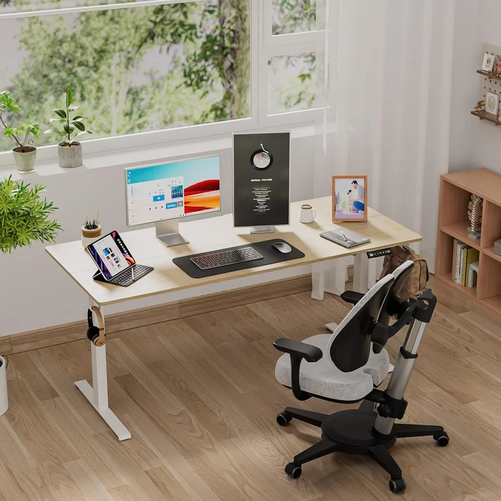 Adjustable Height Electric Standing Desk, 63 x 28 with 4 Wheels, 4 Memory Settings, and 2 Headphone Hooks for Home Office Use