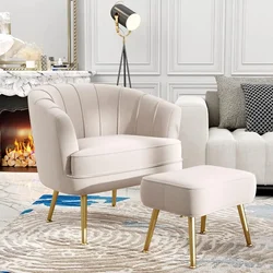 Velvet Accent Chair with Ottoman, Upholstered Modern Single Sofa Side Chair,Comfy Barrel Club Living Room Armchair with Golden