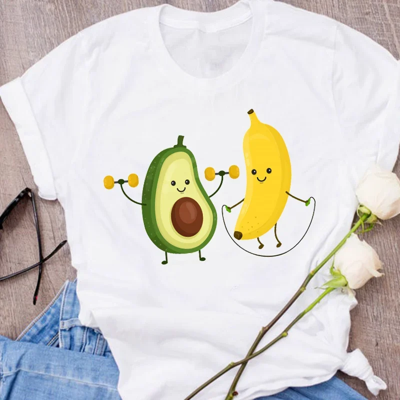 Camiseta gráfica feminina, impressão de gato abacate, desenhos animados, roupas de frutas, roupas florais para senhora, camisetas femininas, tops, camiseta