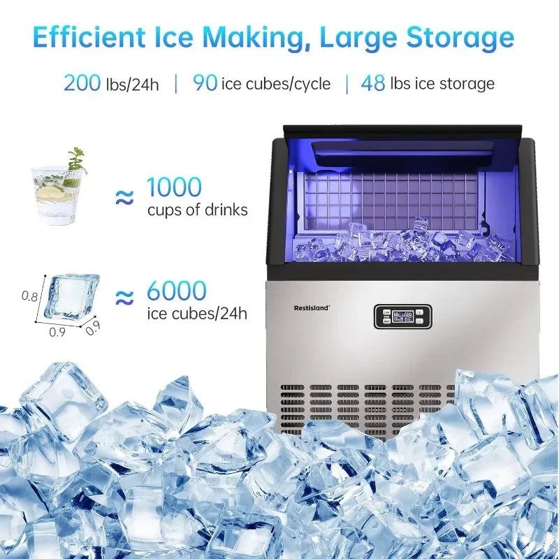 Commercial Ice Maker Machine, 200 lbs/24 Hours, 48 lbs Storage Bin, Stainless Steel, Blue Light, Freestanding, Great for Home