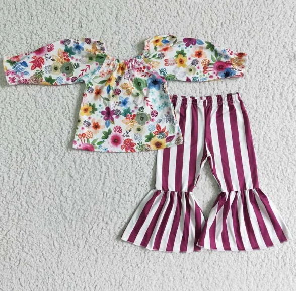 

Wholesale Fashion Baby Toddler Flower Print Girls Floral Long Sleeve Purple Striped Trousers Set