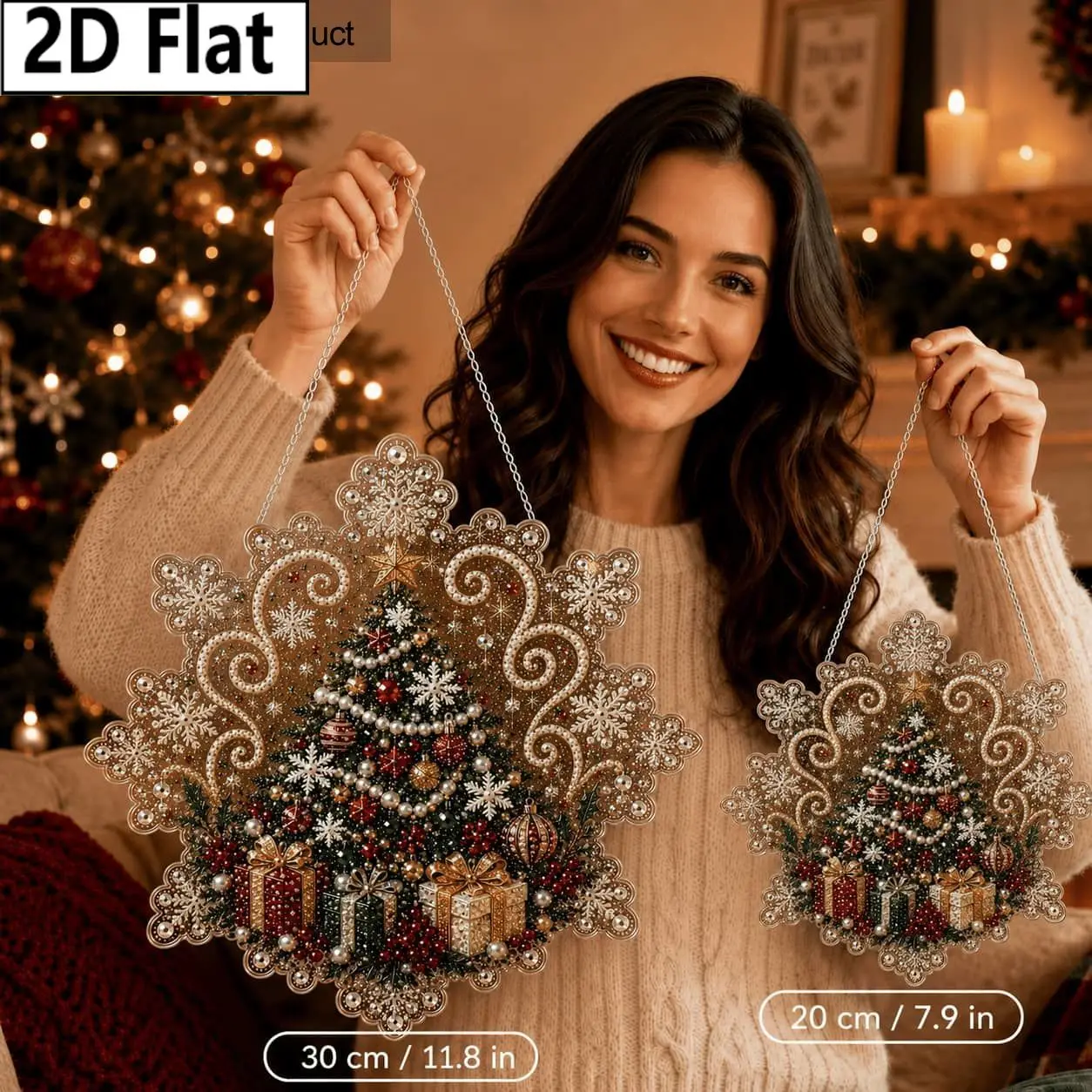 2D Flat 1pc Vintage Snowflake Christmas Acrylic Hanging Sign with Pre-Assembled Metal Chain, 3D Pearl Diamond Painting