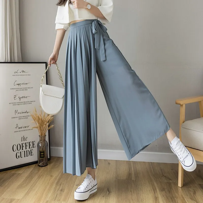 

Summer Women Pants Cotton Blend Straight Trousers High Waist Pleated Wide Leg Pants Light Blue Wrap Waist Black Women's Clothing