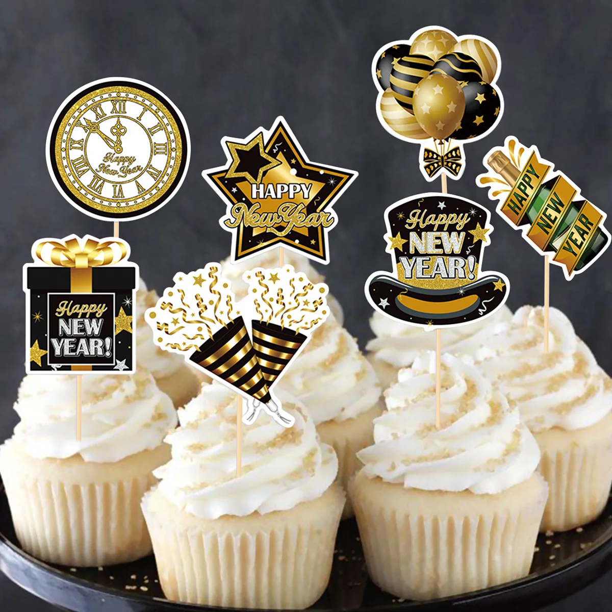 2024 Happy New Year Cupcake Toppers Gold Black Glitter Cupcake Toppers Hello 2024 Cake Decor New Years Eve Party Supplies