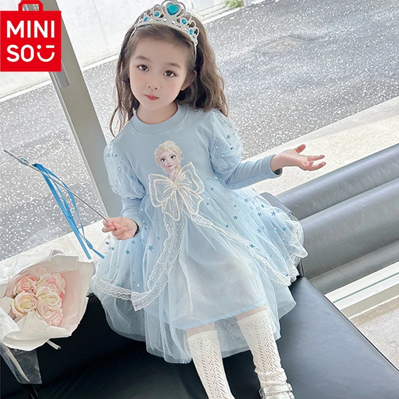 

MINISO Disney платья для девочек принцесса от 2 до 3 4 5 6 7 8 9 лет платье с длинными рукавами «Холодное сердце» Эльзы кружевные платья весенне-осенняя одежда