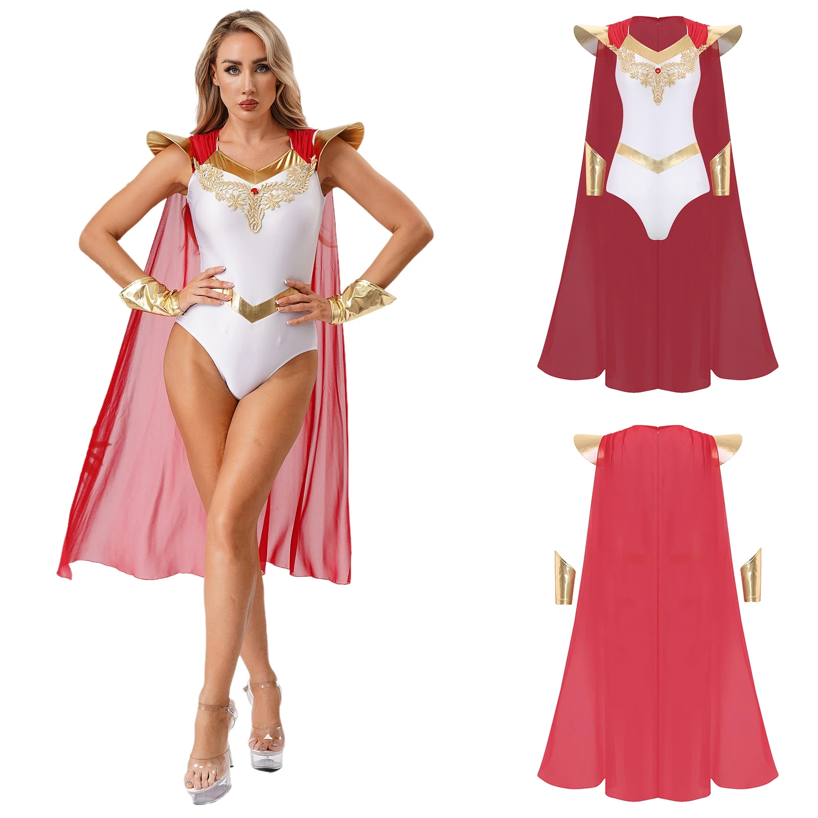 

Women Halloween Greek Cosplay Dress Up Jumpsuit+Sleeves Gem+Guipure Lace Fly Sleeve Long Cloak Bodysuit for Carnival Fancy Party