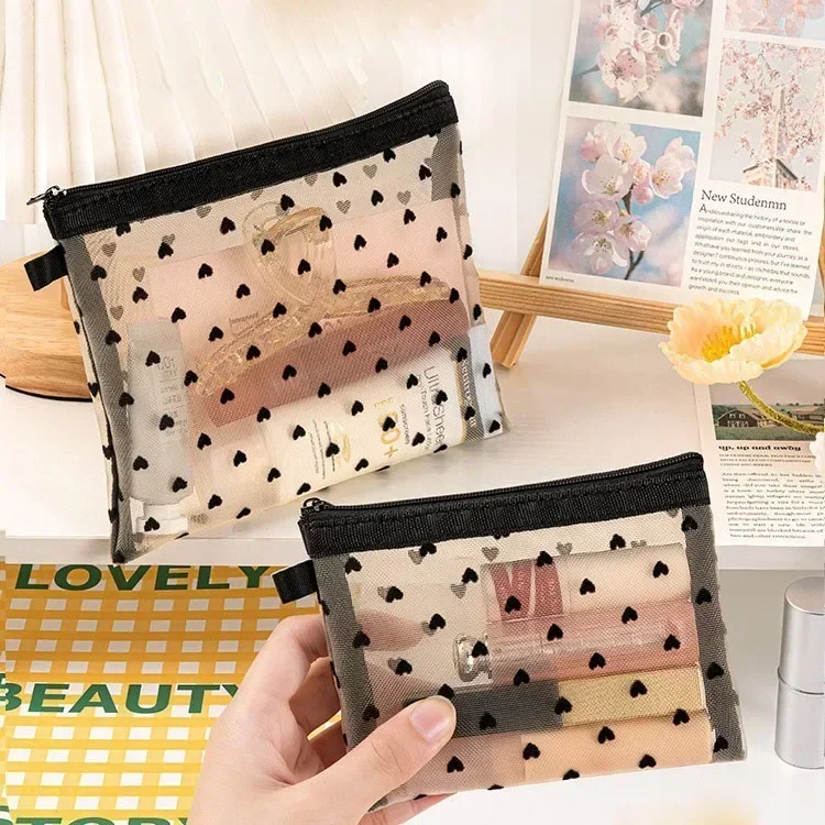 

Love Heart Mesh Fashion Cosmetic Bag for Girl Washing Toiletries Organizer Makeup Bag Transparent Women Lipstick Pouch Bag