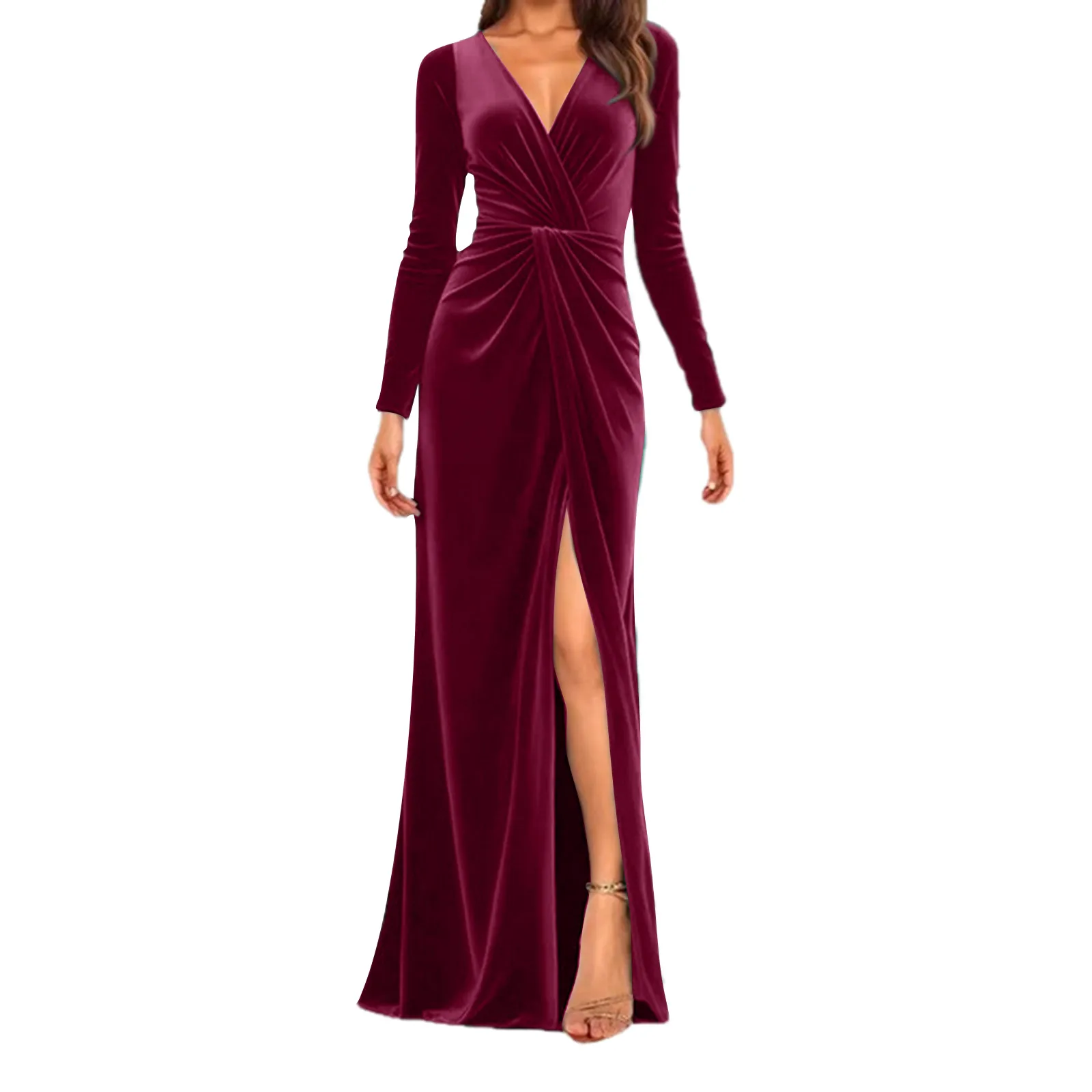 Elegant Velvet Ruched Bodycon Mermaid Slit Evening Dress Formal Party Gown Slim Fit Floor-Length Night Out Classy Prom Dress