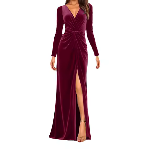 Elegant Velvet Ruched Bodycon Mermaid Slit Evening Dress Formal Party Gown Slim Fit Floor-Length Night Out Classy Prom Dress