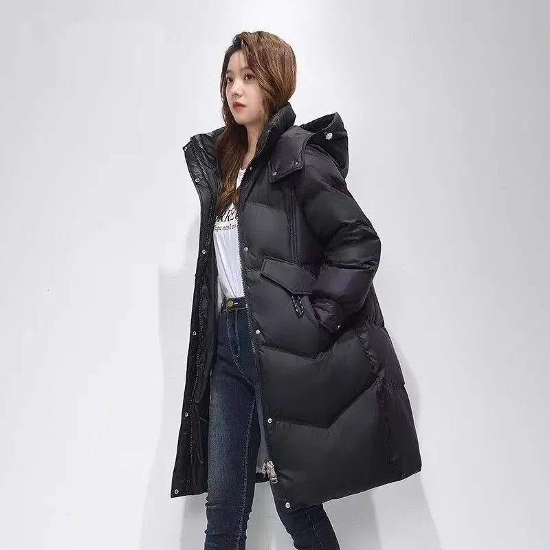 Women Long Hooded Puffer Coat Zip‑Button Pockets Thick Warm Loose Windproof Ladies Winter Cold‑Resistant Casual Outerwear Jacket