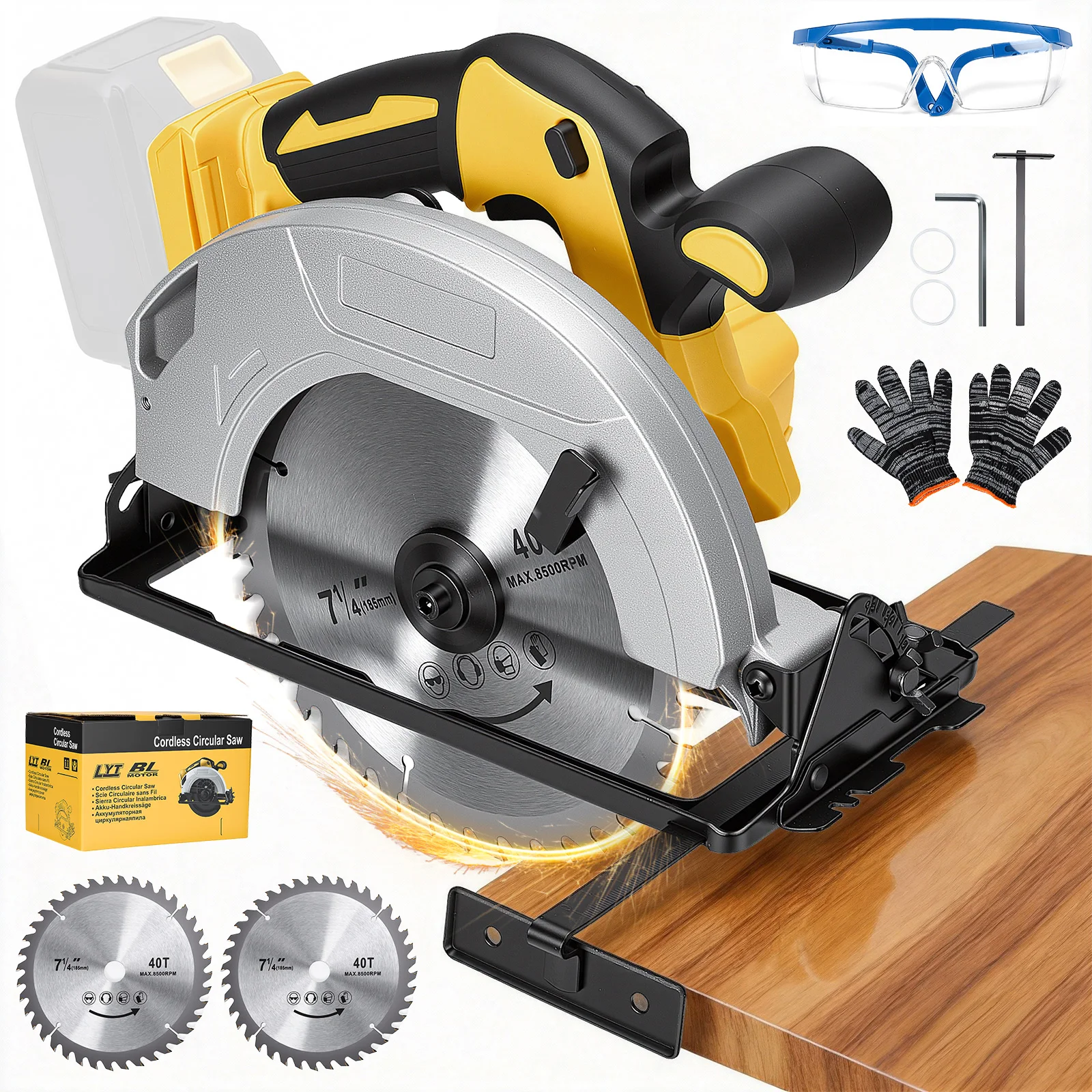 Scie circulaire électrique sans fil de 7 pouces + 2 lames, portative, sans balais, 0-45° °   Outil de travail du bois à biseau de 40 mm de profondeur pour batterie DEWALT 20V