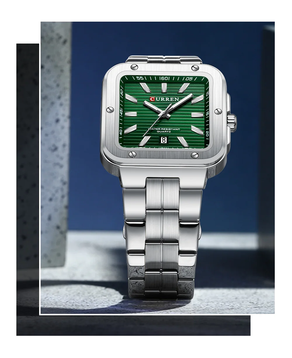 CURREN Einzigartige Quadratische Herrenuhr mit Grünem Zifferblatt - Edelstahlarmband, Business-Casual-Stil Quarz-Armbanduhren für Männer – Detail 14