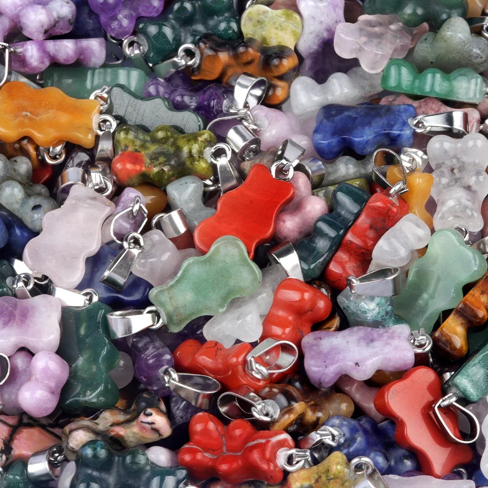 Natural stone Cute Gummy Bear Necklace for Women Girl Candy Color Natural Crystal Stone Bear Pendant Necklace Candy Bear Pendant