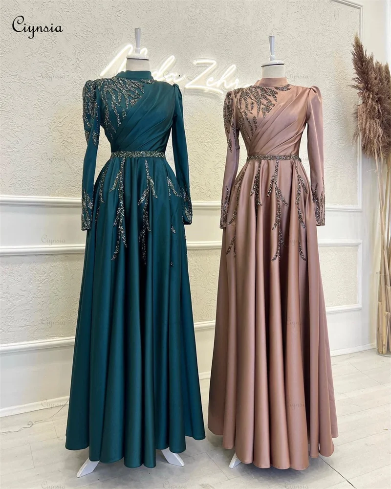 Ciynsia High Neck Muslim Islamic Evening Gowns Satin Beaded Full Sleeves Formal Occasion Dresses Elegant A-Line Robe De Soiree