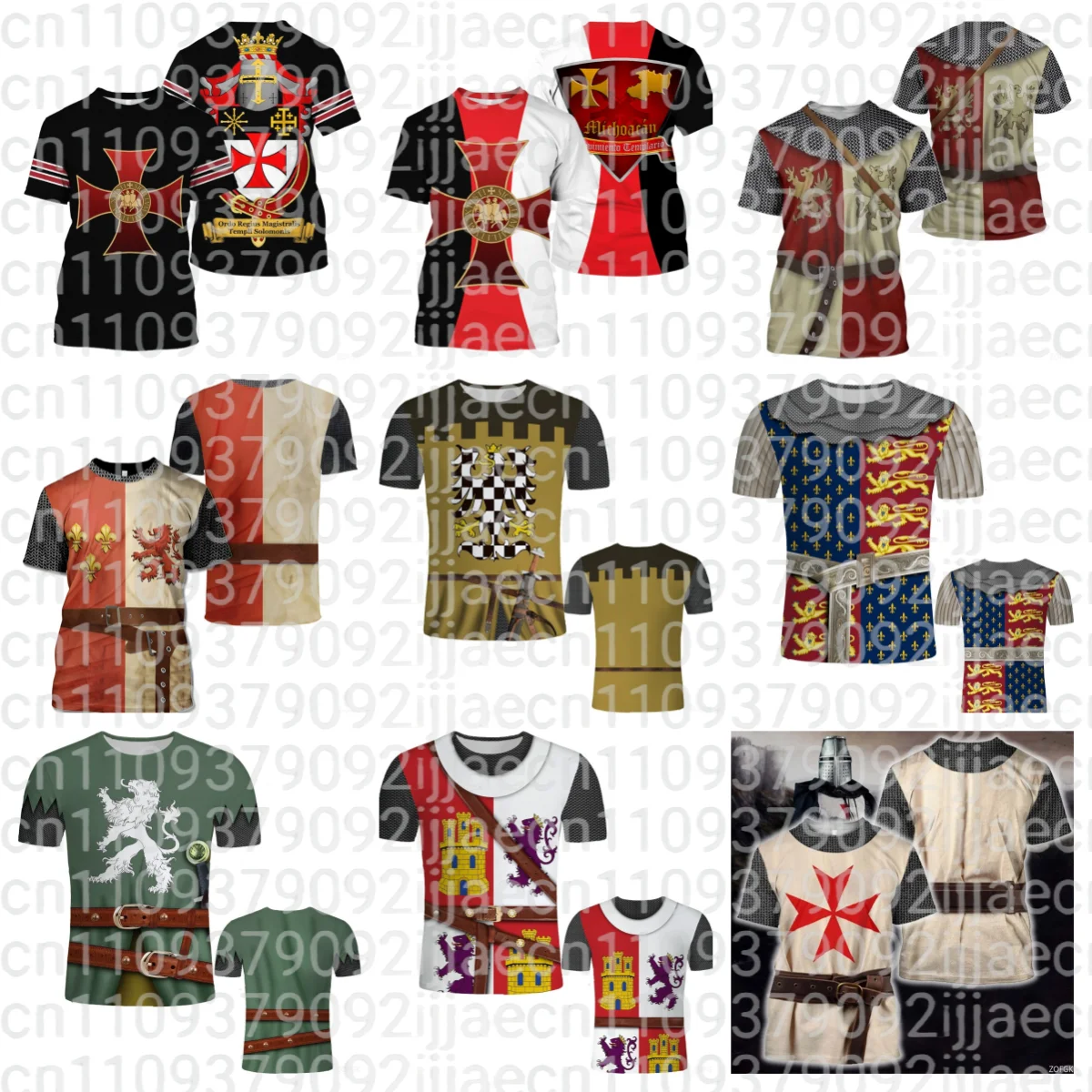 Summer Oversized T-shirt European Retro Templar Print FamilyMatching Clothes Men Casual Short-sleeved Knight Streetwear Tops