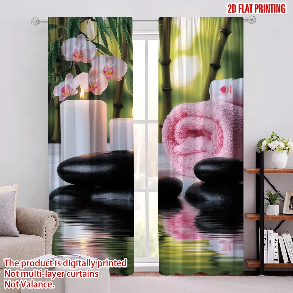

2Pcs Spa Curtains Massage Theme Candles Orchids And Stones In Garden Oriental Living Room Bedroom Window Drapes K