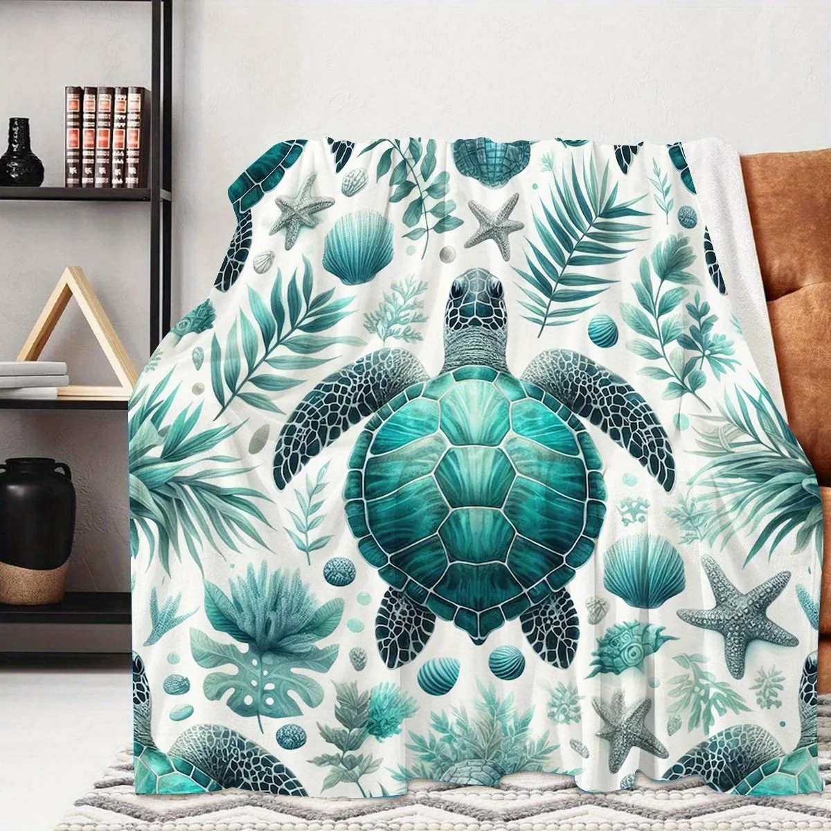 1pc High Quality Flannel Starfish Coral Green Turtle Print Blanket, Modern Style Blanket, Outdoor Blanket, Travel Camping Blanke