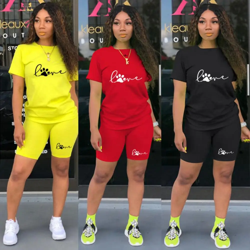 Summer Women T-Shirts and Shorts Suits Casual Tracksuit Two Piece Set Paw Print Short Sleeve Top Tees Female Sport Sets 2022