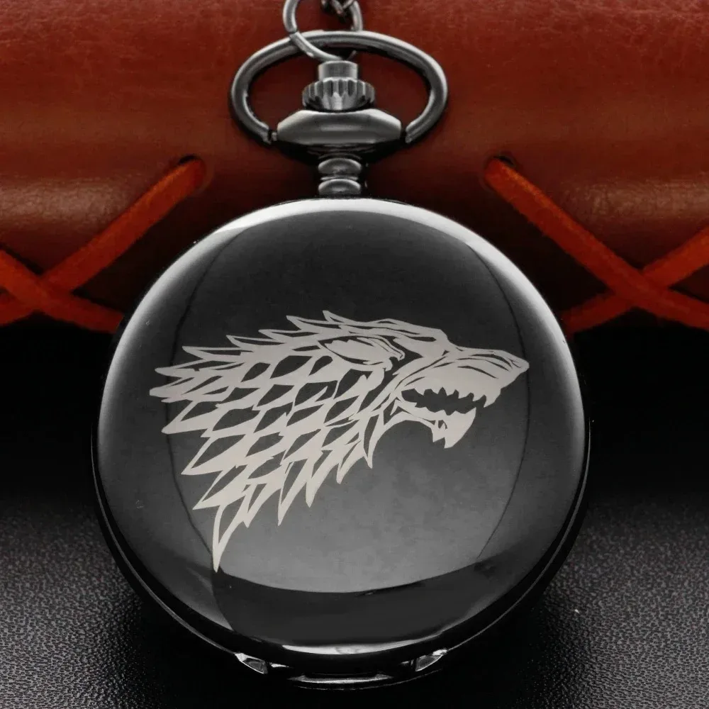 클래식 밝은 검은 색 야생 Direwolf 헤드 오른쪽 아랍어 디지털 석영 주머니 시계 목걸이 펜던트 시계 체인 남성 여성 선물