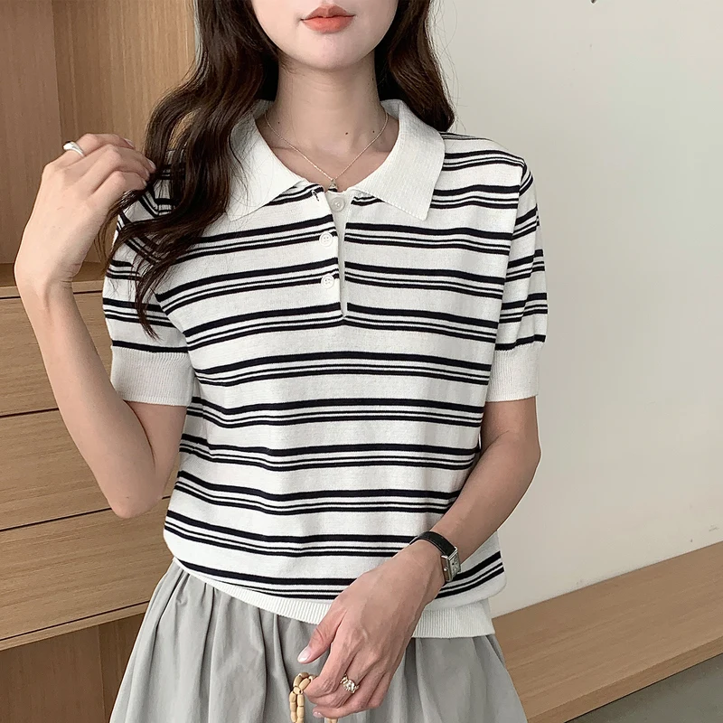 

Fashionable Women's Short-Sleeved Striped Lapel Knitted Cotton T-Shirt Summer Pullover Hot Selling Casual Top for Ladies