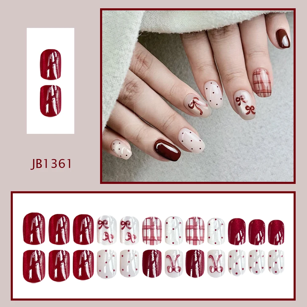 Vintage Bow Plaid Press on Nails Short Square Fake Nails Brown Polka Dot Hand‑Painted Reusable Artificial Nail Tips for Women