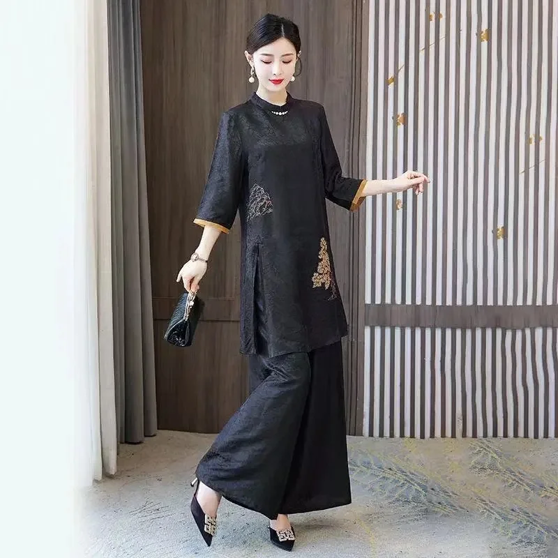 Chinese Style Cheongsam set Autumn New High-end Mother Silk Fragrant Cloud Gauze Wide Leg Pants Two-piece Set Women's Clothing