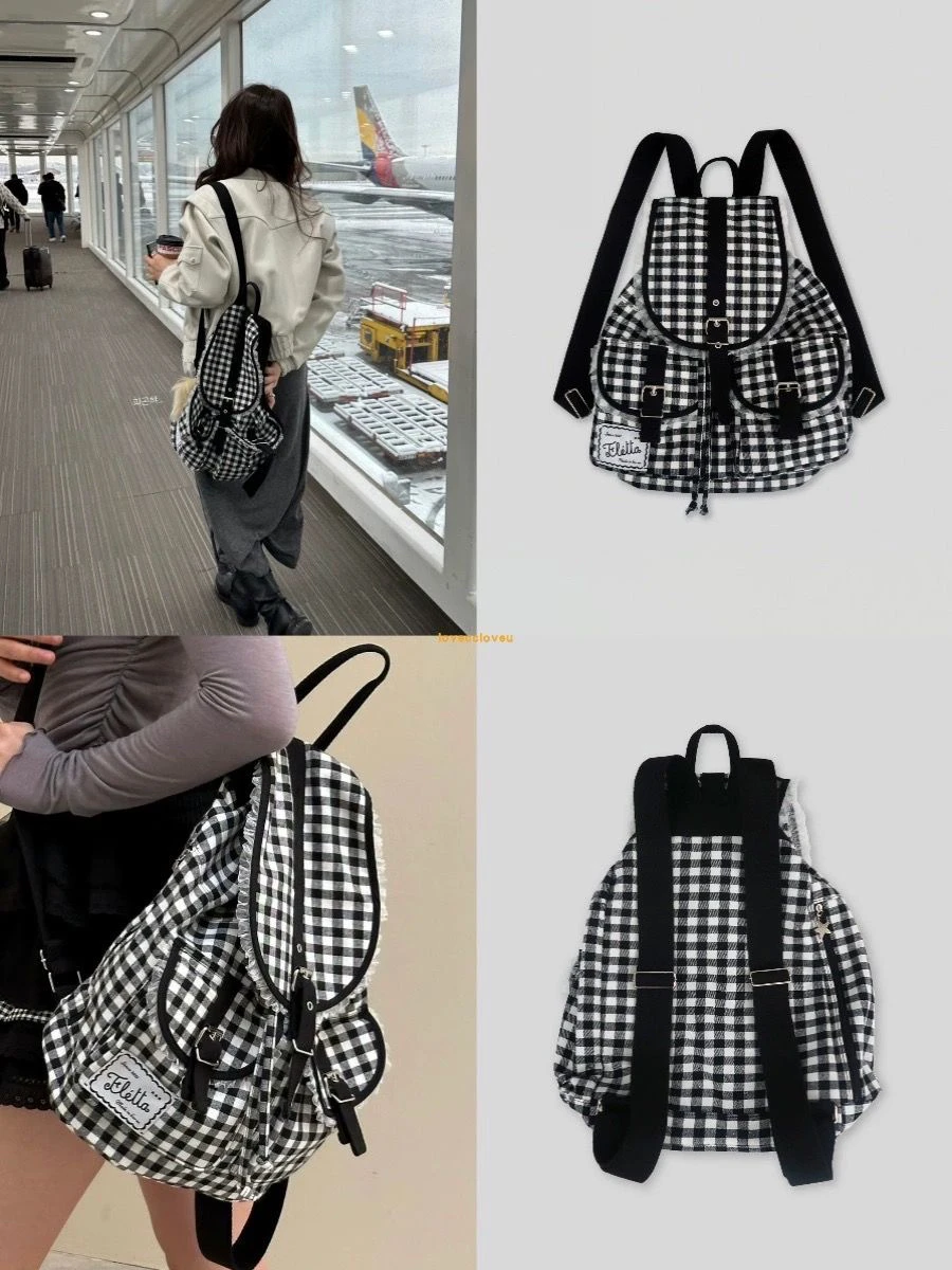 South korea  Black and White Plaid Lace Backpack Large Capaci Ballet Sle College Pocket Japan fashion Premium Backpack