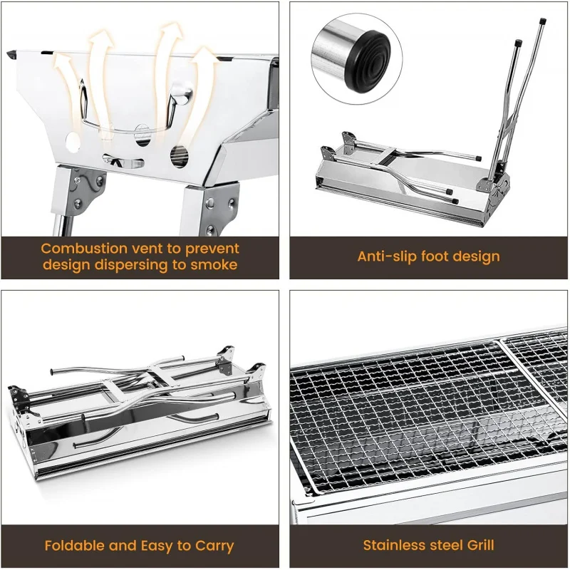 شواية فحم محمولة، شواية شواء قابلة للطي من الفولاذ المقاوم للصدأ ومدخن، شواية باربيكيو للطهي في الهواء الطلق والتخييم والمشي لمسافات طويلة