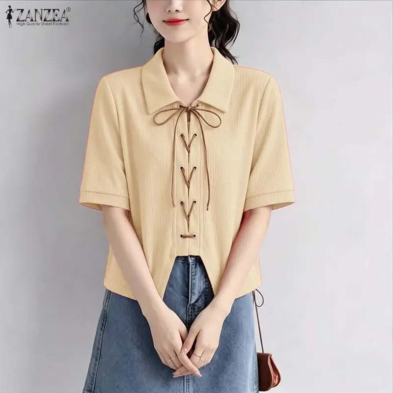 

ZANZEA Women's Casual Waffle Shirt Turn-Down Collar Lace-Up Front Short Sleeve Tops Summer Korean Elegant Loose Chemises Femme