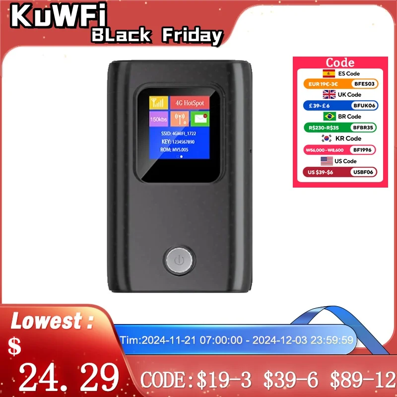 KuWfi 4G Lte Wifi Router 300Mbps Mini Wireless Wifi Portable Mobile Hotspot Unlock Modem with SIM Card Slot 6000mAh Mobile WIFI