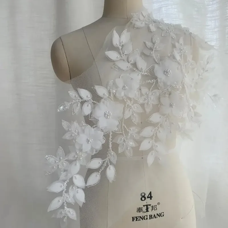

High Quality Natural White Handmade Bead 3D Printed Lace Decal Fabric DIY Wedding Dress Background Decoration Craft Accessories