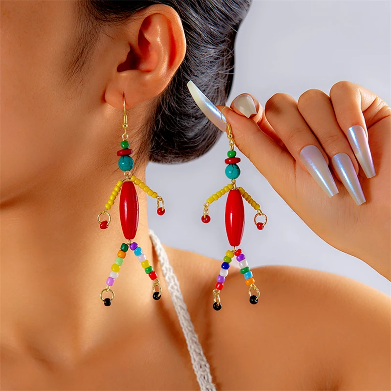 

Gothic Punk Colorful Rice Beads Skeleton Dangle Earrings For Women Funny Skull Flower Long Tassel Earrings Halloween Jewelry