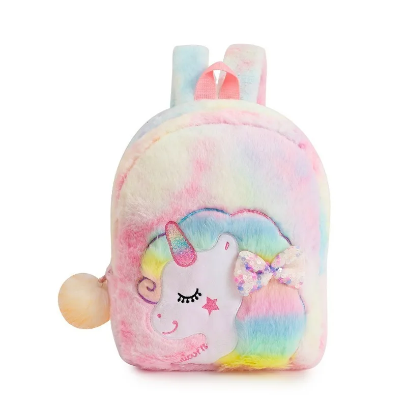 Cartoon Plush Backpack Unicorn Tie-dye Cute Children's Schoolbag Kindergarten Girls' Schoolbag Plush Backpack for Girls