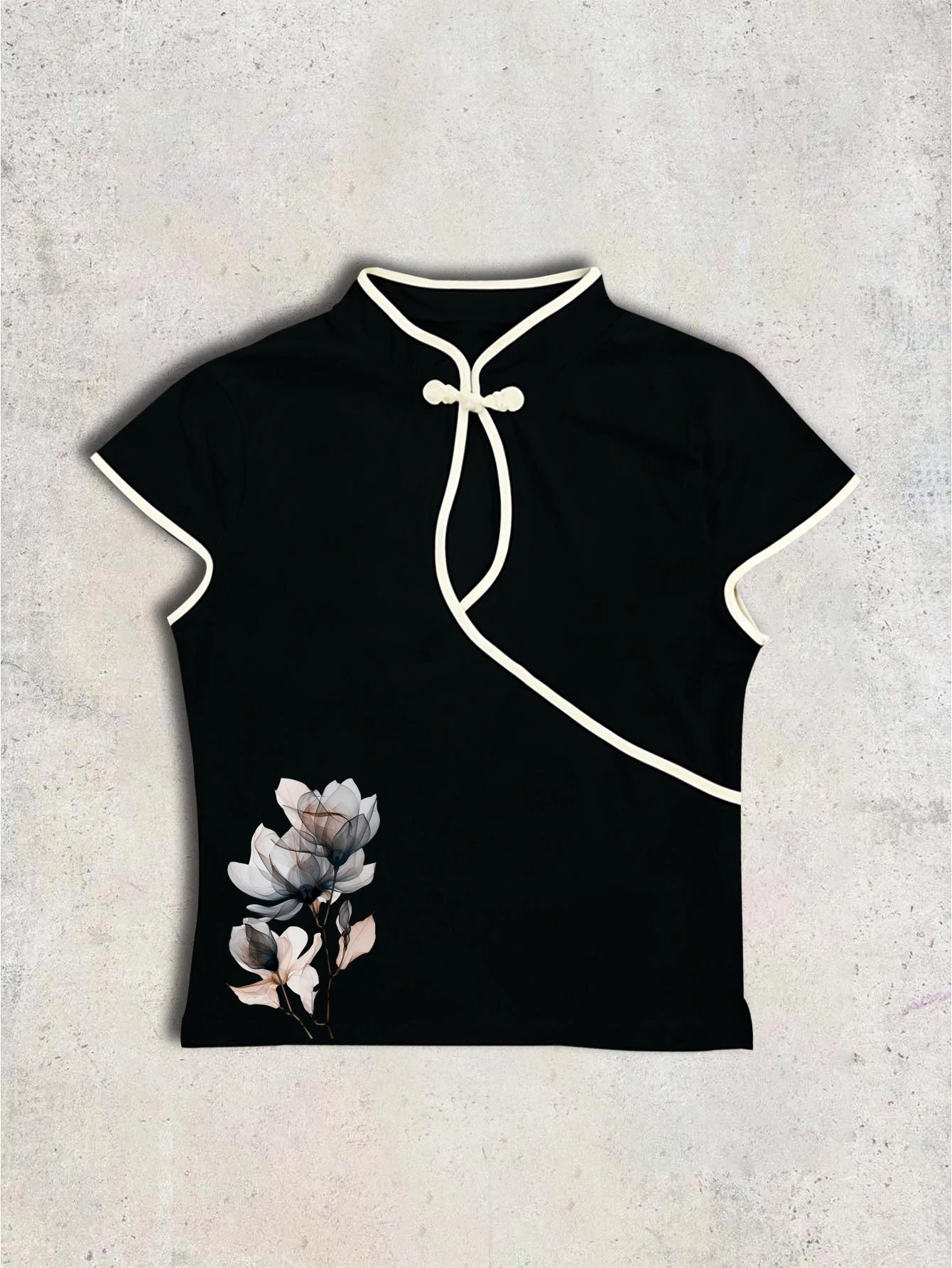 Chinesischer Stil Qipao-Bluse für Damen, Schwarzer Lotus-Print, Froschknöpfe, Kontrastbesatz, Figurbetonte Oberteil 2026