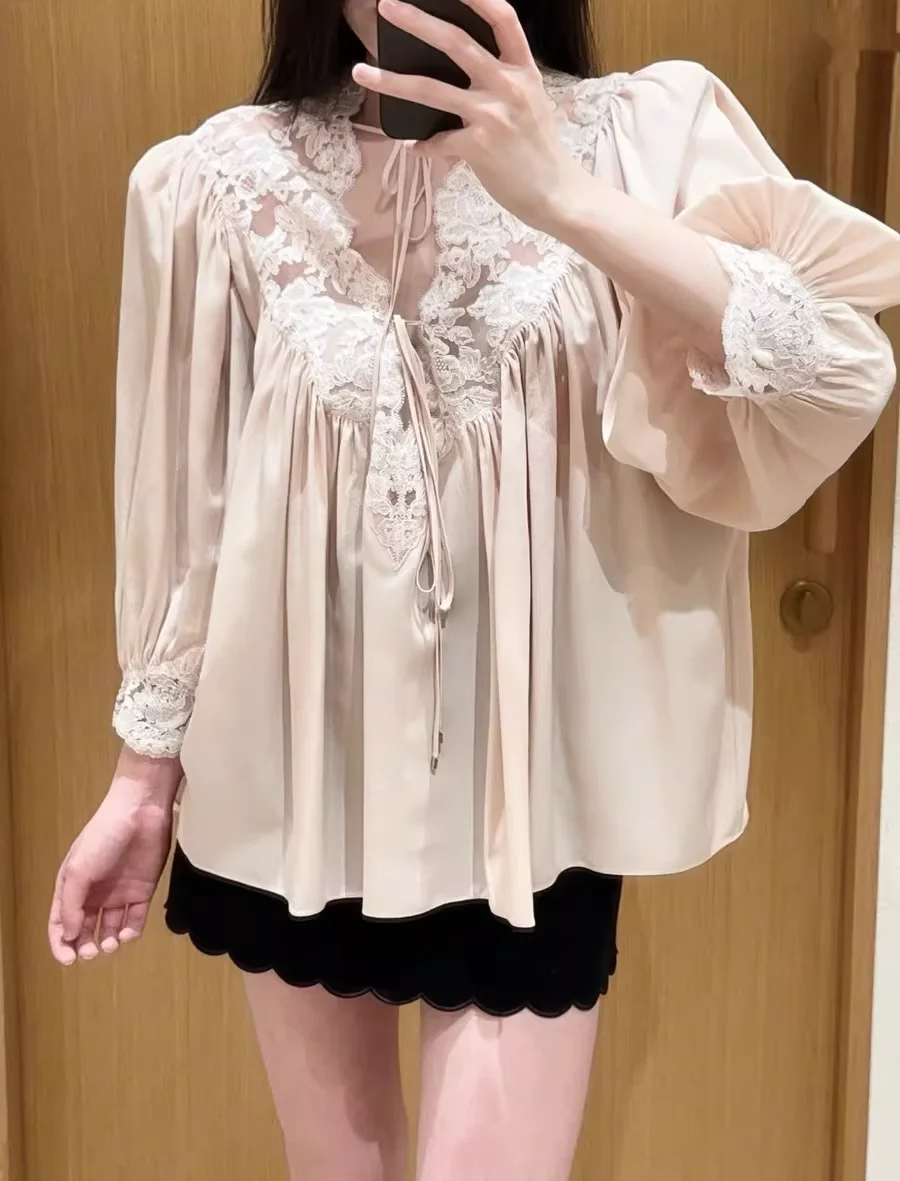 

Lantern Sleeve Pink Blouse Fashion Women's Silk Lace Shirt Elegant Ladies Embroidered Loose Top