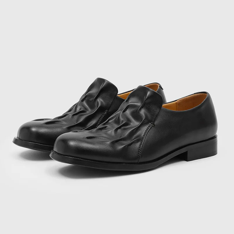 

mens fashion hip hop rock natural leather shoes slip-on driving shoe black designer summer loafers wrinkle cool trendy footwear
