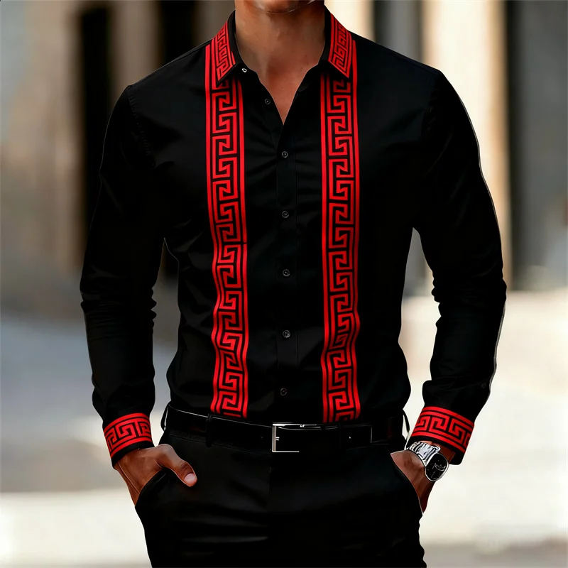 Мужская рубашка в стиле ретро с геометрическим принтом, стильная черная рубашка с длинными рукавами, мужской топ в деловом стиле, доступны несколько цветов, XS-6XL