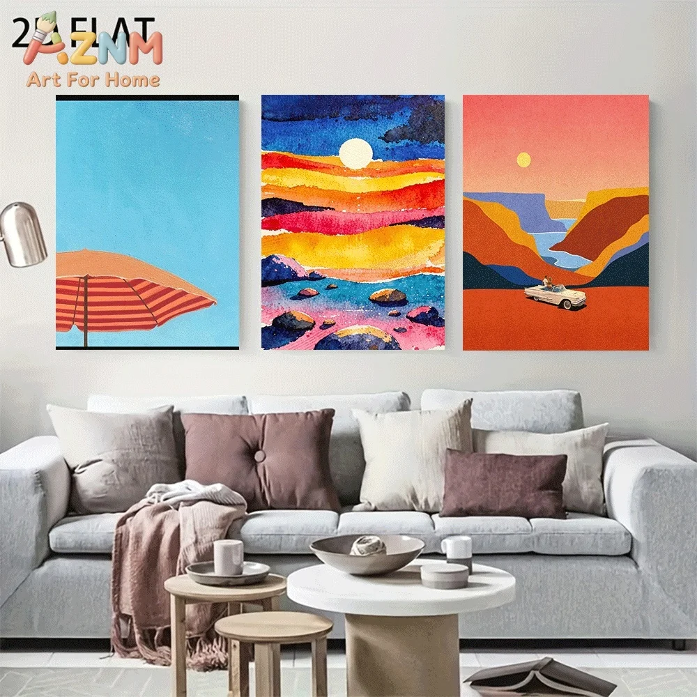 AZNM 3Pcs Abstract Beach Umbrella Canyon Landscape Canvas Wall Art Retro Car Sunset Poster Modern Home Decor No Frame Painting