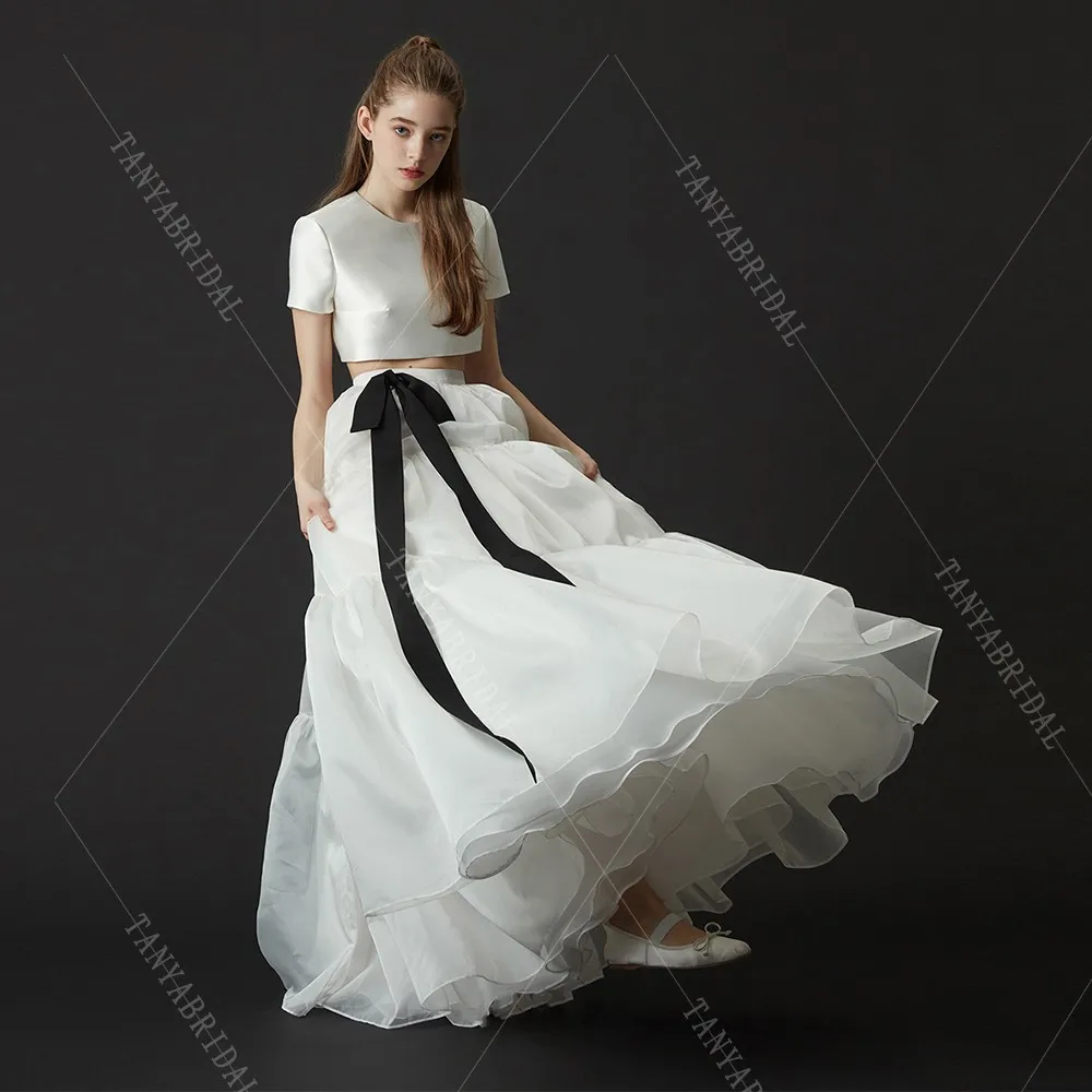 Fashion Two Piece Wedding Dresses For Women Short Sleeves Floor Length A Line Simple Satin Bridal Gown With Detachable Bow G4906