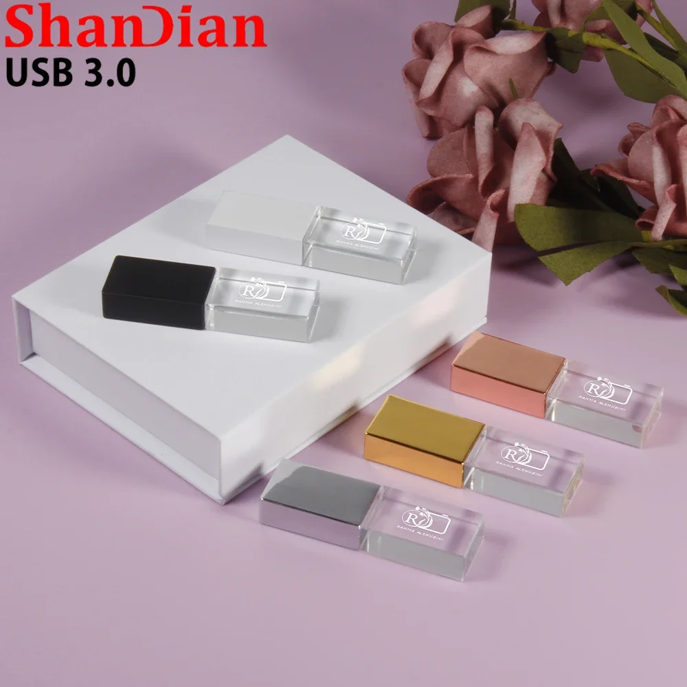 Wedding Photography Gift Box USB 3.0 Flash Drive Free Custom Logo Crystal Pen Drive Color Printing Memory Stick 64GB High Speed