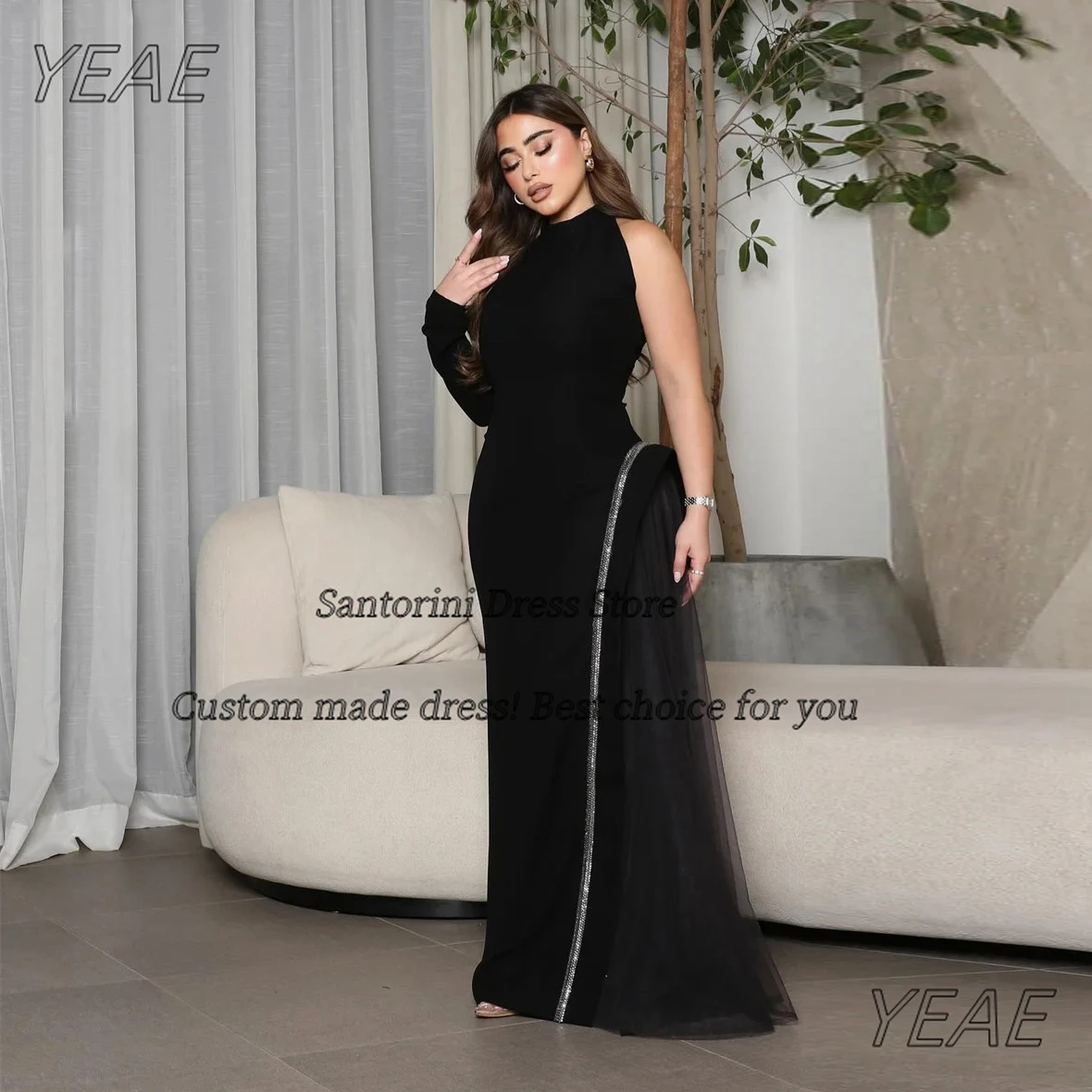 

Santorini 2025 Bespoke Black Prom Dresses High Collar Long Sleeve Evening Party Dress Saudi Arabia Special Occasion Gowns