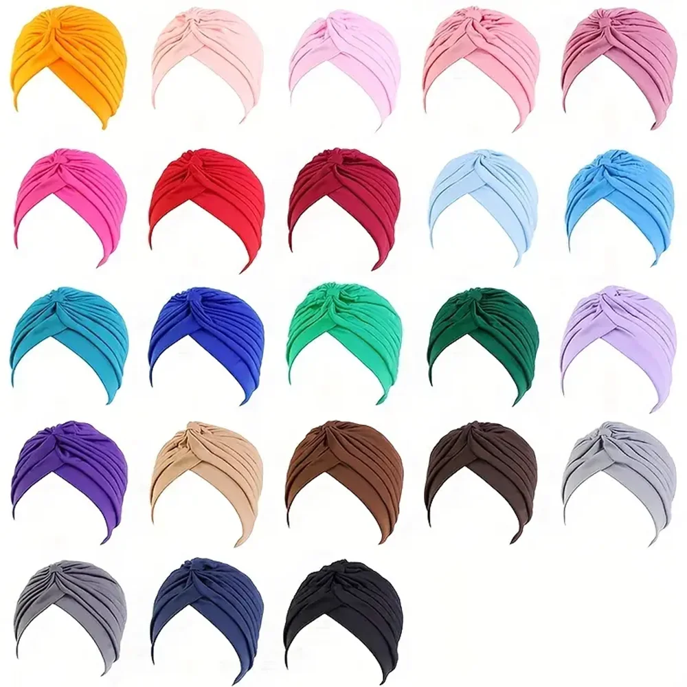 4pcs/set Solid Color Turban Cap Elastic Bonnet Head Scarf Women Chemo Hats Casual Pleated Head Wrap