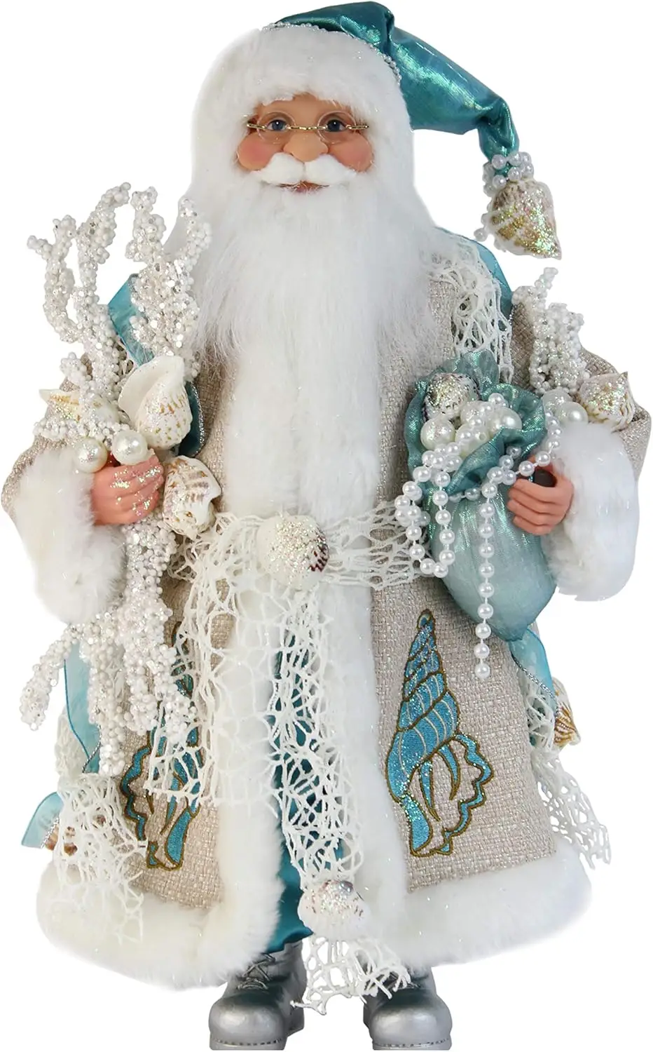 

16-Inch Aquamarine Santa Claus Christmas Figurine with Seashell Decor, Perfect for Holiday Decorations